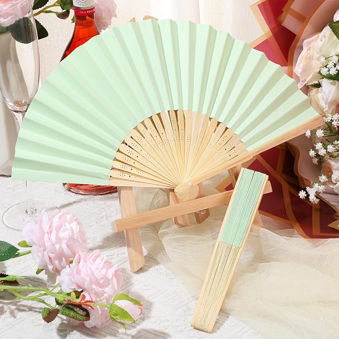 Yinkin 24 Pack Folding Fans Bamboo Handheld Folded Craft Hand Japanese Chinese Fans for Weddings Bridal Dancing Church DIY Decoration Women Gift Party Favors (Light Green)