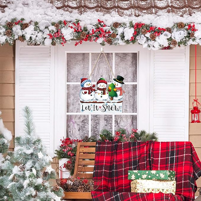 CHDITB Let It Snow Wooden Hanging Sign, Three Snowman Wood Sign, Winter Welcome Door Sign, Snowflake Snowman Vintage Wall Door Sign,Christmas Sign for Wall Door Hanger Winter Decor