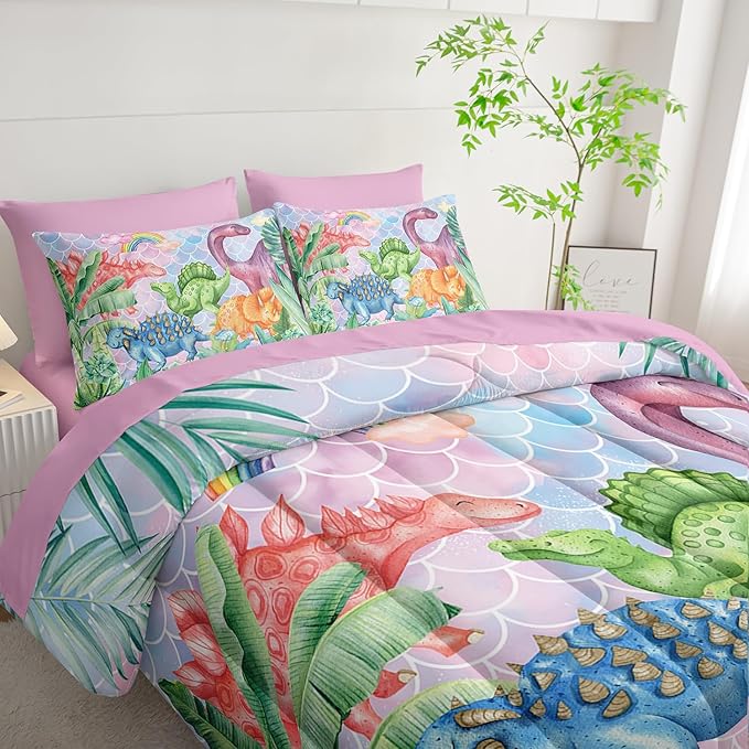Pastel Dinosaur Comforter Set (7 Piece) - Mermaid Scale Kids Bedding, Pink Blue Purple Dinosaur Quilt Set for Boys Girls, All Season Microfiber Bed Set with Shams, Flat/Fitted Sheet (Queen)