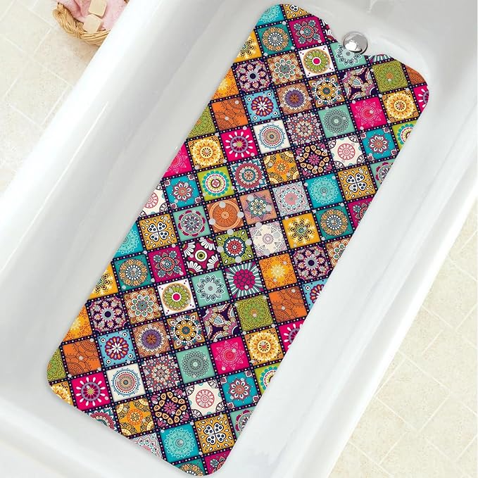 Bathtub Mat Non Slip, Bohemia Extra Long Bath tub Mat Shower Floor Mat with Suction Cups and Drain Holes for Adults Kids Elderly 40 X 16 Inch