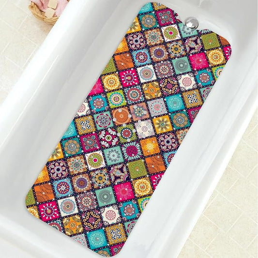 Bathtub Mat Non Slip, Bohemia Extra Long Bath tub Mat Shower Floor Mat with Suction Cups and Drain Holes for Adults Kids Elderly 40 X 16 Inch