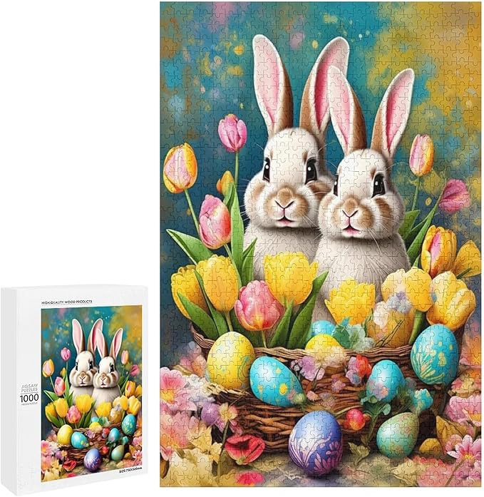 Wooden Puzzle - Easter Tulips Bunny Jigsaw Puzzles，Wooden Puzzles for Adults 1000 Pieces Unique Gifts for Wall Art，Challenge Puzzles，Educational Games，Family Puzzles