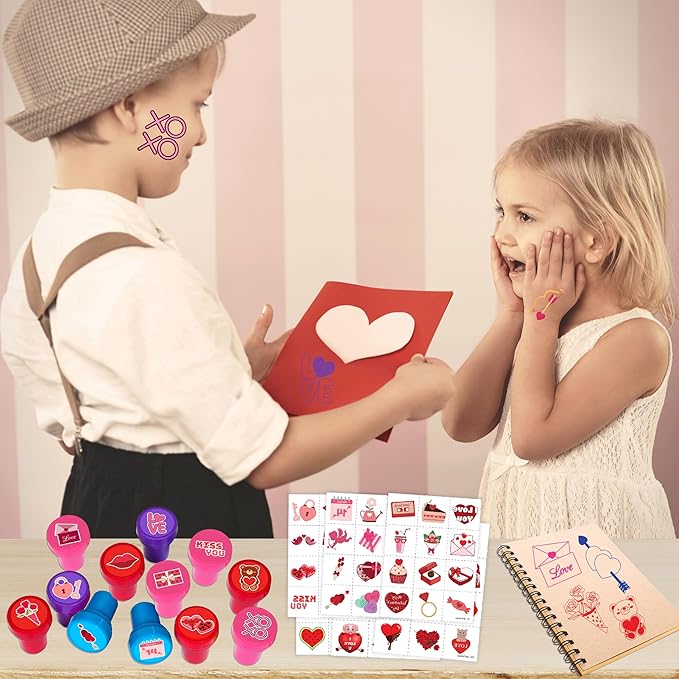 96PCS Valentine Party Favors - 72PCS Pre-Cut Temporary Tattoos & 24PCS Stamps - Ideal Love Heart Themed Birthday Card Decorations Supplies Goodie Bag Baby Shower Kids Gifts Exchange