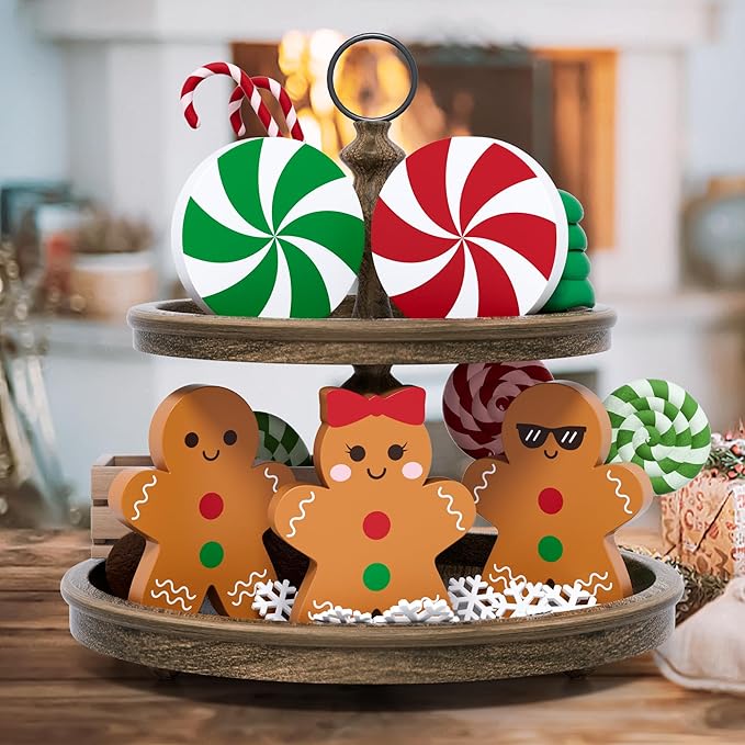 Gingerbread Christmas Decorations Tiered Tray Decor, 5 Pcs Gingerbread Candy Wooden Signs Table Decor for Home Kitchen Office