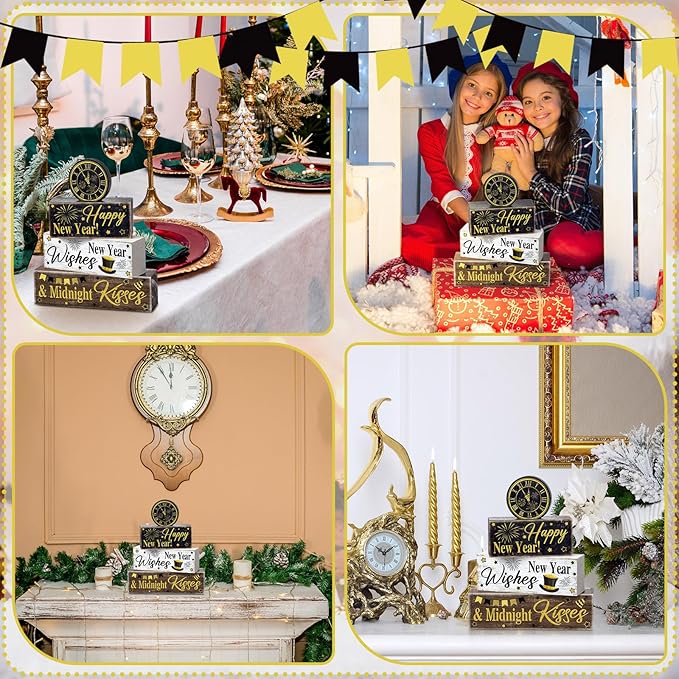 4 Pcs New Year Table Decoration Eve Party Supplies 2026 Gold Black Tiered Tray Decor Happy New Year Centerpiece Rustic Decorative Clock Block Signs Gift for Home Eve Party Decoration