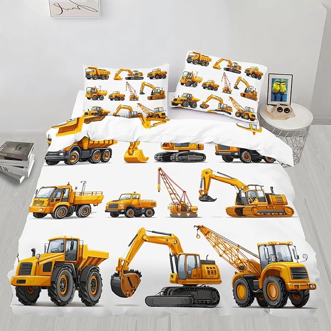Construction Truck Bedding Set California King Construction Vehicles Duvet Cover Excavator Dump Truck Crane Comforter Cover Children Machinery Cars Bedding Set with Pillowcases for Bedroom