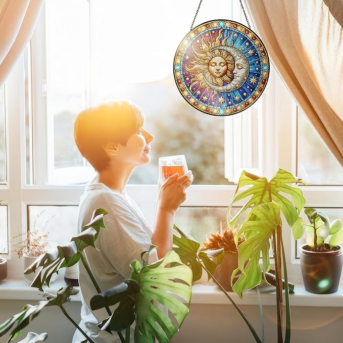 FLAGWIX Christmas Spiritual Gifts for Women Men - Stained Glass Window Hanging 10 in for Sun and Moon Decor - Sun Catchers Indoor Window, Boho Suncatchers for Celestial Decor, Christmas Decorations