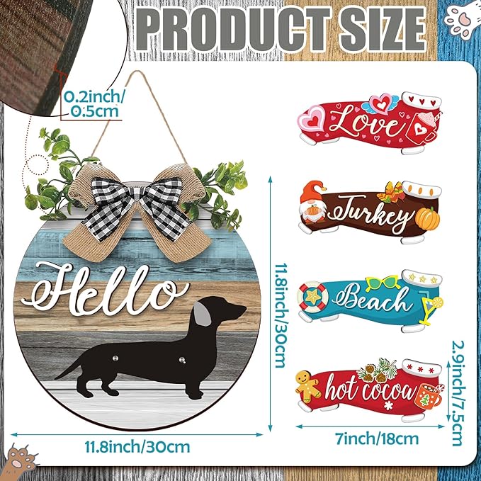 Glenmal 16 Pcs Seasonal Dachshund Door Decor for All Season and Holiday Hanging Cute Christmas Dachshund Welcome Sign Rustic Wooden Farmhouse Front Door Signs Outdoor(Vintage Wood Grain)