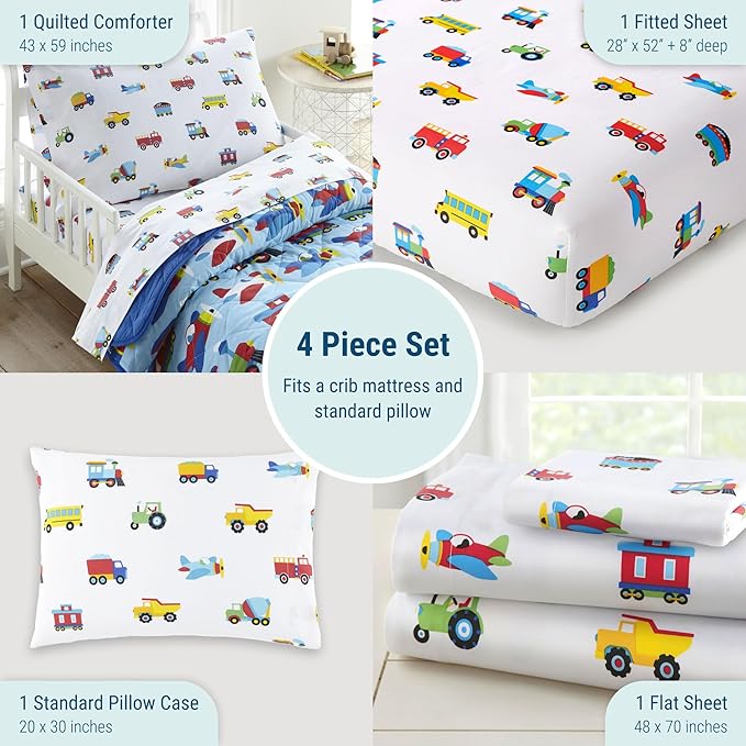 Wildkin 4-Piece Toddler Bed in a Bag – Cotton Comforter, Sheets & Pillowcase for Cozy Cuddles - Trains, Planes, and Trucks