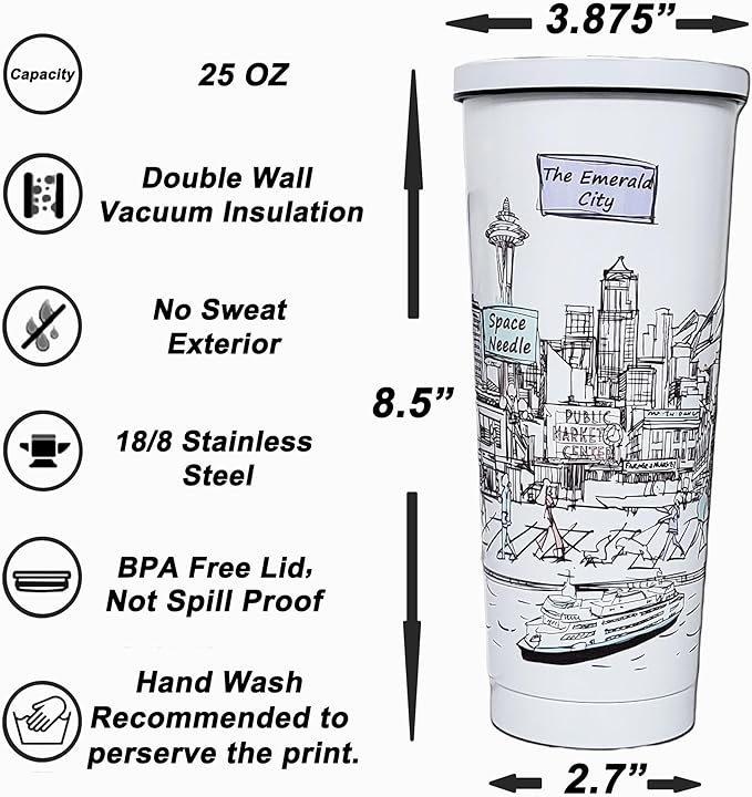 Cities Around the World 25 Oz Tumbler Series- Designed in the USA- Vacuum Insulated Tumbler with Lids Straw - Stainless Steel Coffee Water Travel Mug, Cup for Hot Cold Drink (Seattle)