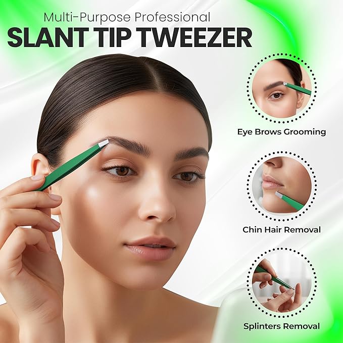 Slanted Stainless Steel Tweezers for Men & Women - Precision Eyebrow Tweezers for Facial Hairs, Strong Grip, Fine Tip, Professional Tweezer for Plucking & Grooming (Matte Forest Green)