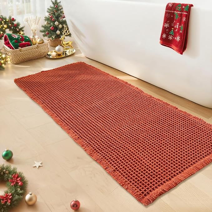 Waffle Bath Mat - Boho Bathroom Rugs Non Slip Washable, Super Absorbent & Quick Dry, Soft Bath Mat Farmhouse Bathroom Decor, 20'' x 48'', Dirty Orange