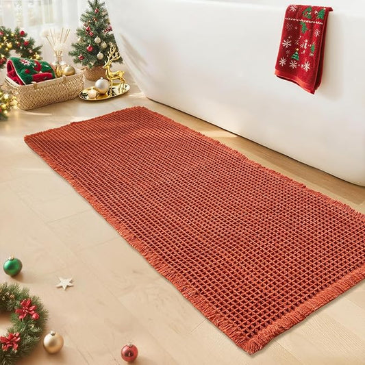 Waffle Bath Mat - Boho Bathroom Rugs Non Slip Washable, Super Absorbent & Quick Dry, Soft Bath Mat Farmhouse Bathroom Decor, 20'' x 48'', Dirty Orange