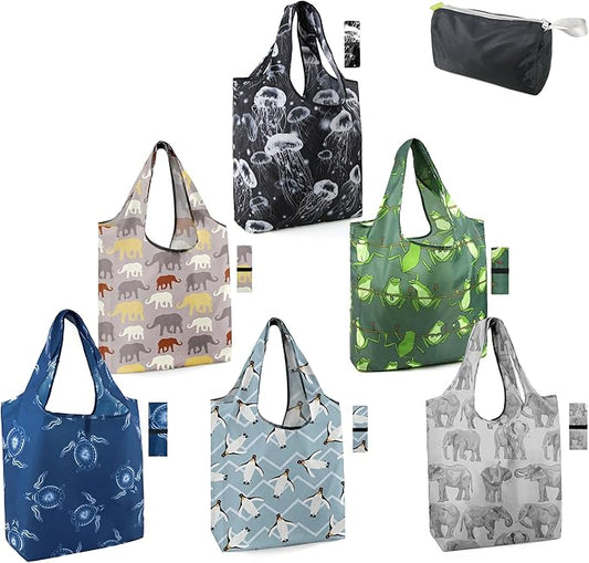 BeeGreen Turtle Reusable Grocery Bags Frog Elephant Penguin Jellyfish Shopping Bags Bulk 50LBS X-Large Heavy Duty 6 Pieces