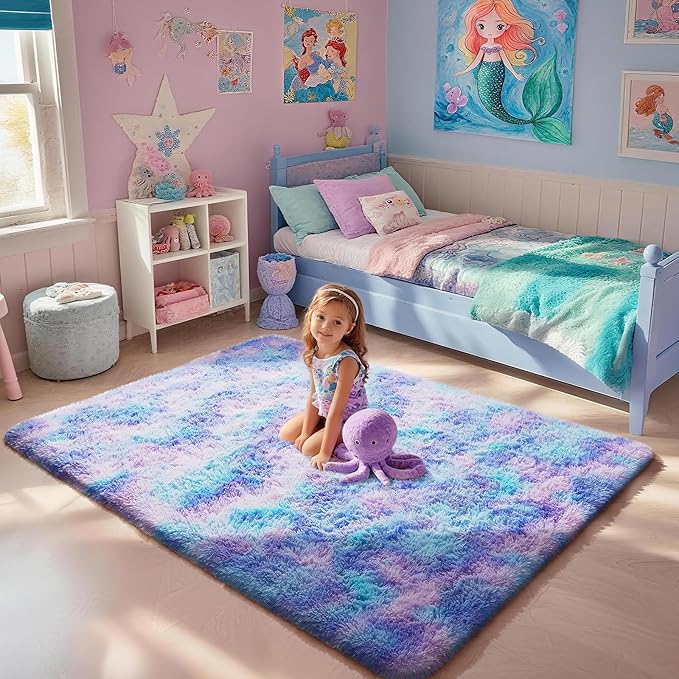 Ophanie Rainbow Purple Rug for Bedroom Girls, Kids Fluffy Kawaii Fuzzy Furry Shag Area Rug, Cute Plush Soft Shaggy Bedside Indoor Floor 4x6 Carpet for Teen Nursery Dorm Home Room Decor Aesthetic
