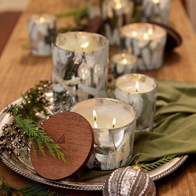 Thymes Frasier Fir Candle – Pine Needle Design – Holiday Scented Candle – Notes of Crisp Siberian Fir, Cedarwood & Sandalwood – Luxury Home Fragrance Gifts for Women & Men – Silver (Statement, 6.5 oz)