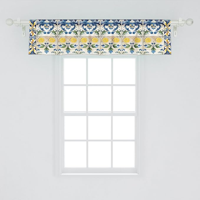 Ambesonne Mediterranean Window Valance, Checkered Abstract Modern Curlicue Leaves and Lemons Art Oriental, Curtain Valance for Kitchen Bedroom Decor with Rod Pocket, 54" X 12", Blue Yellow and Green