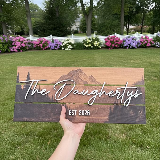 Custom Mountain Family Name Sign - Rustic Wood Wall Decor, Personalized Wedding & Gift for Couples Anniversary, Housewarming Gift for New Home (Medium)