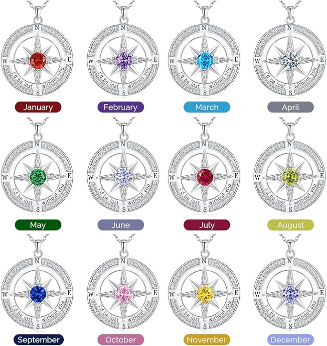 S925 Necklace Birthstone Compass Gift for Women Jewelry Sterling Silver Necklace for Wife Wedding Anniversary Girlfriend Birthday Gifts for Her Valentines Day Mom Mothers Day