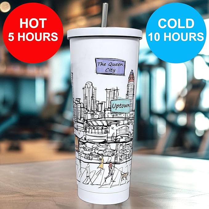 Cities Around the World 25 Oz Tumbler Series - Designed in the USA - Vacuum Insulated Tumbler with Lids & Straw - Stainless Steel Coffee Water Travel Mug, Cup for Hot Cold Drink (Charlotte)