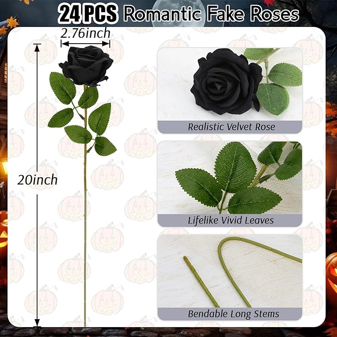 Roses Artificial Flowers, Black Flowers with Stem Valentine Anniversary Sympathy Memorial Gift, Fake Silk Roses Indoor Outdoor Decor for Funeral Wedding Birthday Party Christmas Halloween(24, Black)