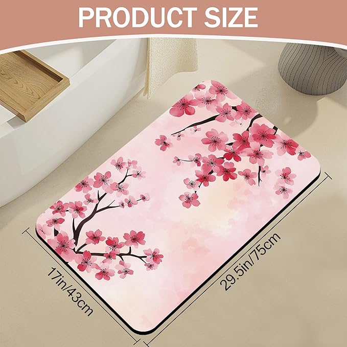 Pink Flower Bath Mat,Cherry Blossom Diatomaceous Earth Bath Mat,Rubber Backing Quick Dry Absorbent Washable Bathroom Rugs for Tub Non Slip 17"x29.5"