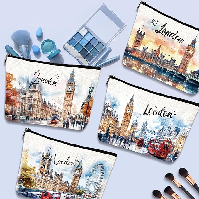 London Travel Souvenirs Gifts - 4Pcs British Travel Must Have Essentials, Watercolor London City Makeup Cosmetic Bags, British Toiletry Zipper Pouch Gifts for Travelers Women Girls Friends