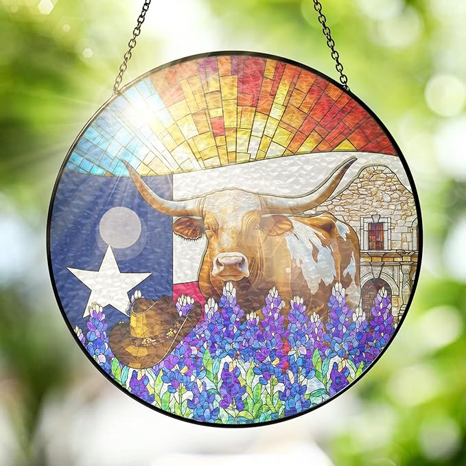 FLAGWIX Texas Gifts for Women Men - Stained Glass Window Hanging 8in - Sun Catchers Indoor Window for Garden Decor, Texas Themed Gifts for Mom Dad Friend, House Warming Gift for Wife Husband
