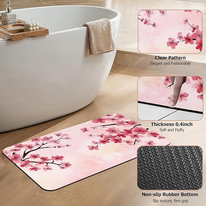 Pink Flower Bath Mat,Cherry Blossom Diatomaceous Earth Bath Mat,Rubber Backing Quick Dry Absorbent Washable Bathroom Rugs for Tub Non Slip 17"x29.5"