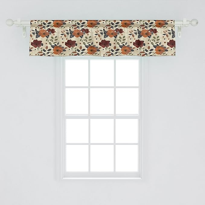 Ambesonne Poppy Window Valance Pack of 2, Modern Boho Leafy Floral Garden Illustration with Mid Century Details, Rod Pocket Curtain Valances for Kitchen Bedroom, 54" X 12", Maroon Amber Grey Yellow