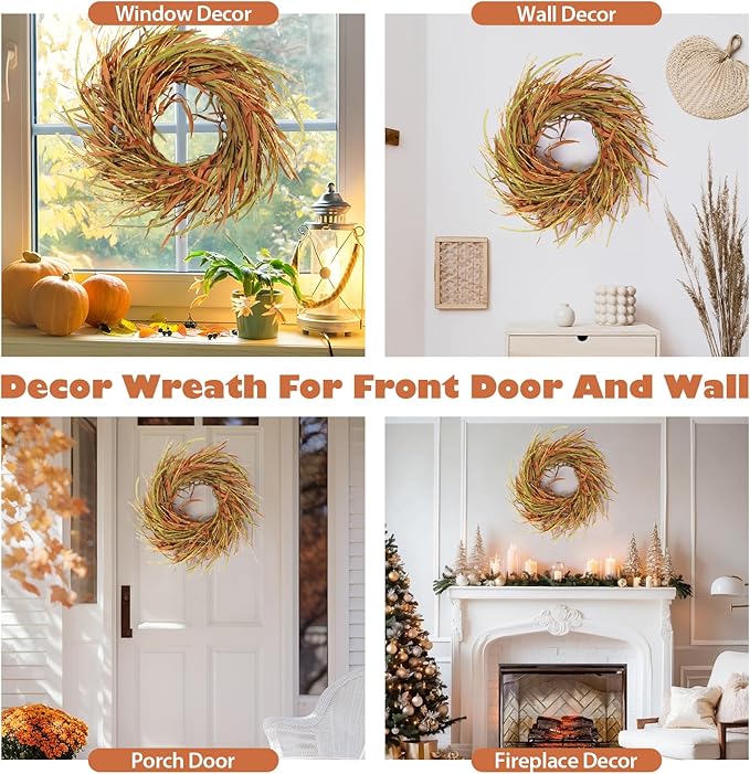 24 Inch Fall Wreath for Front Door Harvest Wreaths with Wheat Leaves and Wheat Ear, Large Autumn Wreath Decor for Farmhouse Wall Window Home Decoration and Halloween Christmas Thanksgiving Celebration