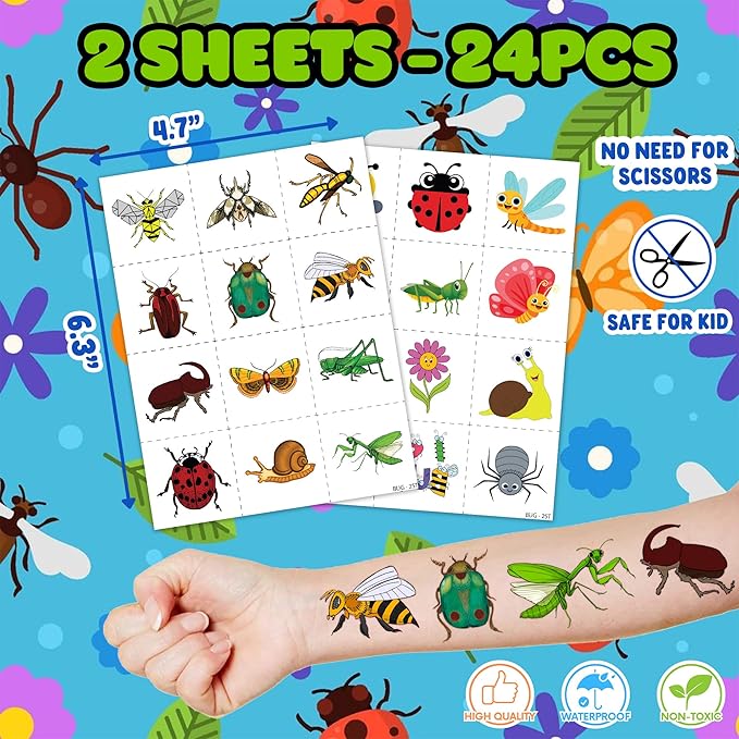 36PCS Bug Party Favors - 24PCS Pre-Cut Temporary Tattoos & 12PCS Stamps - Ideal Spring Summer Animal Themed Birthday Card Decorations Supplies Goodie Bag Kids Gifts Classroom Rewards Prizes