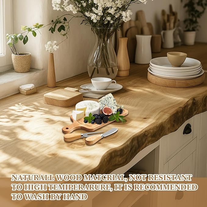 1 Set Bridal Baby Shower Cheese Prizes Wooden Square Board Gift Set Knives Forks Thank You Tags with Box for Guests for Valentines Bridal Baby Shower Housewarming (Cherry Wood)