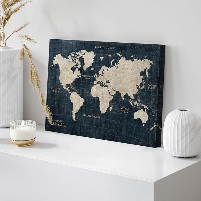 wall26 Canvas Print Wall Art Vintage Navy Blue World Map Classic World Atlas Digital Art Modern Art Traditional Colorful for Living Room, Bedroom, Office - 32"x48"