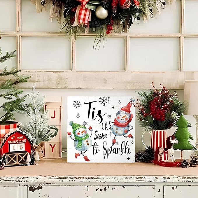 Mtrgdn Christmas Snowman Decor Sign,Winter Xmas Tis the Season to Sparkle Snowmans Indoor Wooden Box Signs,Christmas Decorations for Home Bathroom Bedroom Office Table Desk Shelf Wall Decoration,5x5 Inch