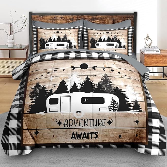 Comforter Set Queen Size, Camper Rv Camping 7 Pcs Bedding for Kids and Adults, Car Bed Sheet Sets with Fitted Sheet 2 Pillowcases & 2 Shams for Bedroom Bed Decor