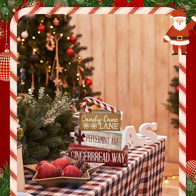 4 Pcs Christmas Table Decor Wooden Candy Cane Decoration Christmas Centerpiece Winter Tiered Tray Decor Red and White Stripes Candy Cane Block Signs Gift Farmhouse Xmas Decoration for Kitchen