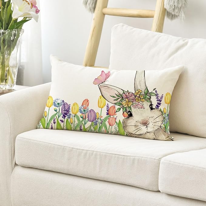AVOIN colorlife Easter Floral Tulip Garland Bunny Throw Pillow Cover, 12 x 20 Inch Spring Rabbit Holiday Cushion Case Decoration for Sofa Couch