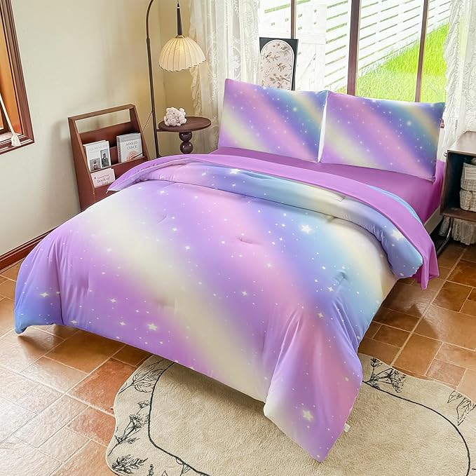 Girls Full Size Bedding Sets Rainbow Bedding – 5 Piece Comforter Set Full, Gradient and Colorful Galaxy Comforter for All-Season – Machine Washable, Durable – Gift Idea for Boys and Girls Room