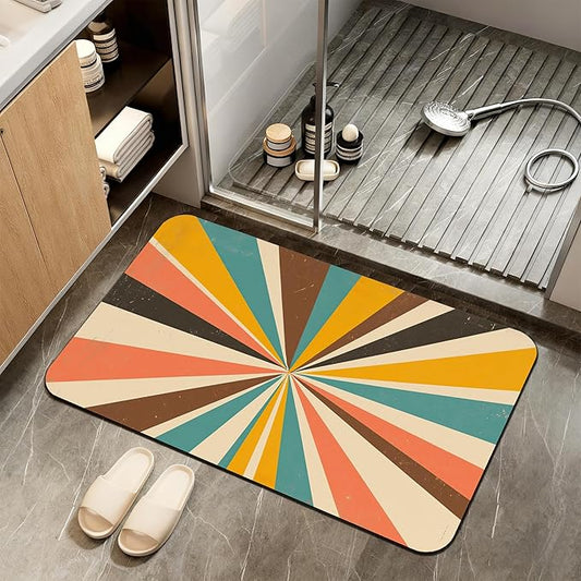 Diatomaceous Earth Bath Mat,Retro Vintage Bath Rugs,Radial Rays Non-Slip Thin Absorbent Fast Drying Easy to Clean for Bathroom Laundry Home Kitchen Door Mat 17x29.5Inch