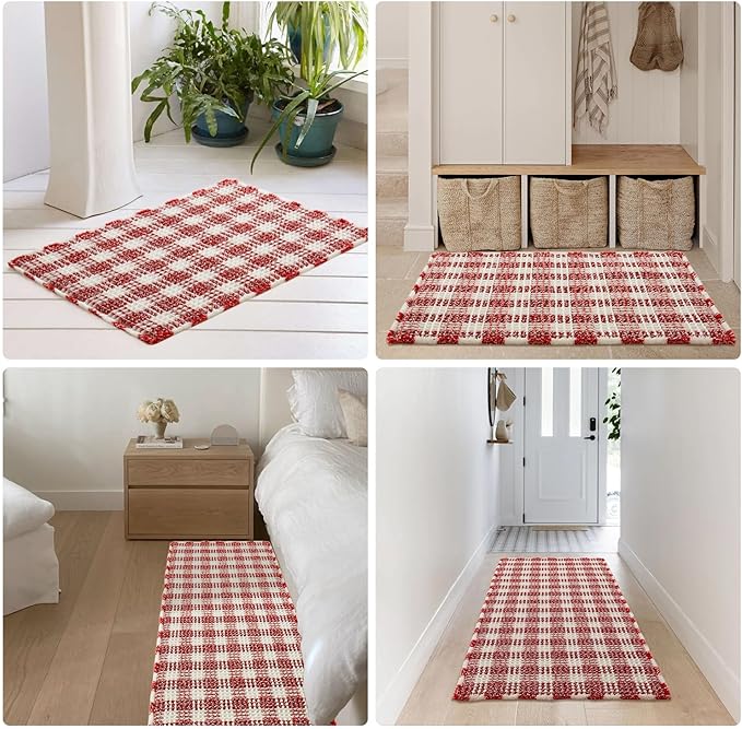 Waffle Bath Mat, Boho Christmas Bathroom Rugs Non Slip Washable Absorbent Checkered Bathroom Mat Quick Dry Cute Bath Mat, 24"x16" Red and White