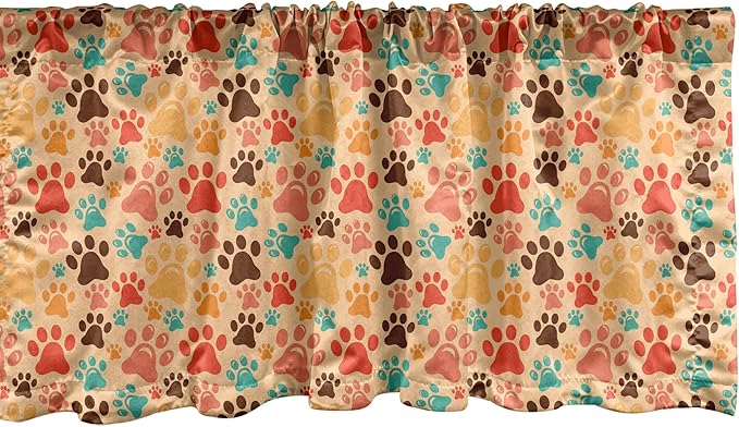 Ambesonne Dog Lover Window Valance, Colorful Paw Print Pattern with Abstract Animal Canine Art on Creamy Backdrop, Curtain Valance for Kitchen Bedroom Decor with Rod Pocket, 54" X 12", Pale Orange