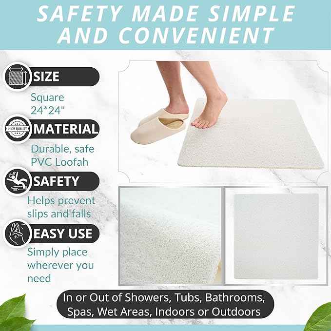 Enkosi Loofah Shower Mat Non-Slip - Anti-Slip Bath Mat for Inside Showers, Tub, Bathtub, Bathroom - Quick Dry PVC with Drain Holes - Cushioned Safety Grip - Secure for Kids and Elderly (White 24x24)