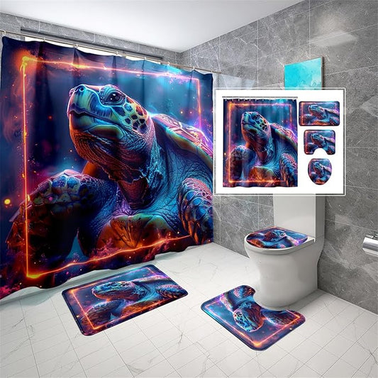 Ocean Themed Shower Curtain - 4 Pcs Kids Shower Curtain Set Turtle Shower Curtains for Bathroom Turtle Bathroom Accessories with Rug,Toilet Cover and Bath Mat with 12 Hooks
