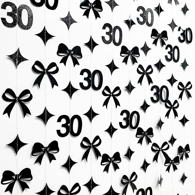 Black 30th Bow Birthday Decorations Glitter Conquette Bow Garland Streamer Banner for Womens Mens Happy 30th Birthday 30 and Fabulous Cheers to 30 Years Old Anniversary Vintage 1995 Party Supplies