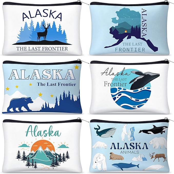 Reginary 6 Pcs City Cosmetic Bag Souvenir Gifts New York Zipper Pouch Chicago Souvenir Seattle Boston Nashville London Paris Italy Alaska Gifts Memento for Women Traveler(Alaska)