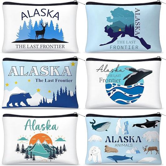 Reginary 6 Pcs City Cosmetic Bag Souvenir Gifts New York Zipper Pouch Chicago Souvenir Seattle Boston Nashville London Paris Italy Alaska Gifts Memento for Women Traveler(Alaska)