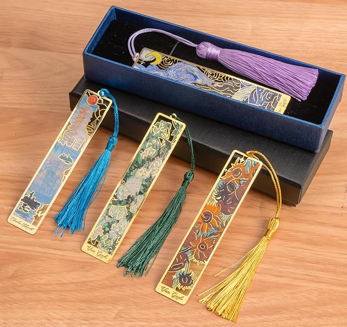 4pcs Elegant Metal Bookmarks with Tassel, Oil Painting Theme Vintage Bookmarks mit Gift Box,Golden Hollow,Fancy Aesthetic Page Holder Thank You Gifts for Teacher Readers Women Men Friends