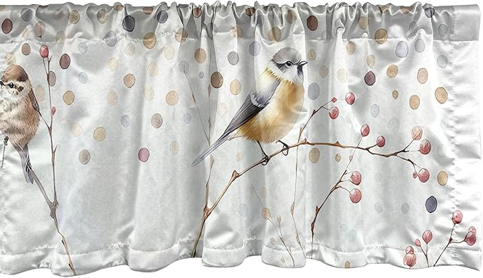 Ambesonne Birds and Nature Window Valance Pack of 2, Aquarelle Look Wingy Animals on Branches Polka Dot Back Fall, Rod Pocket Curtain Valances Kitchen Bedroom, 54" X 12",Pastel Brown Purpleblue