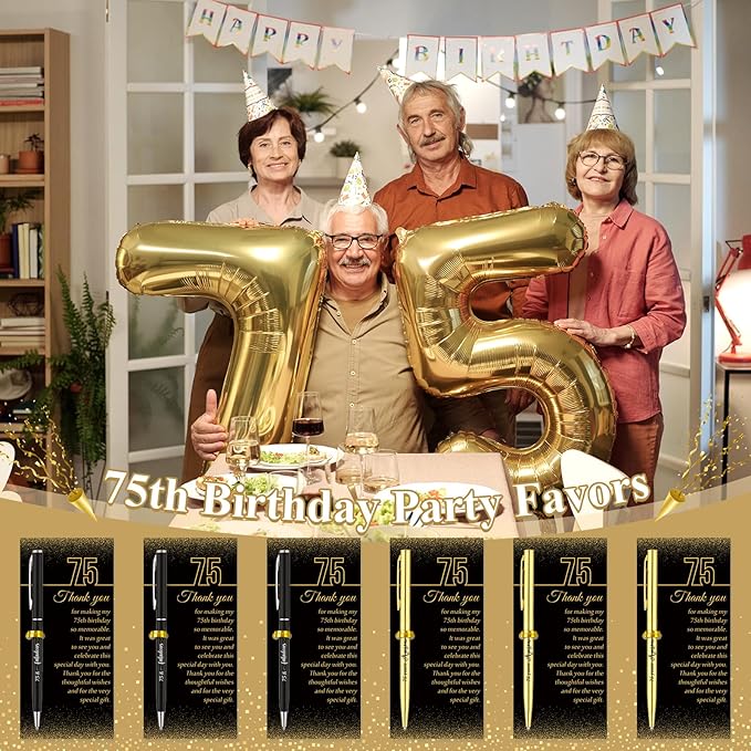25 Sets 75th Birthday Themed Party Favors for Guests Including Birthday Ballpoint Pens and Black Gold Thank You Cards for Guests Anniversary Appreciation Gifts